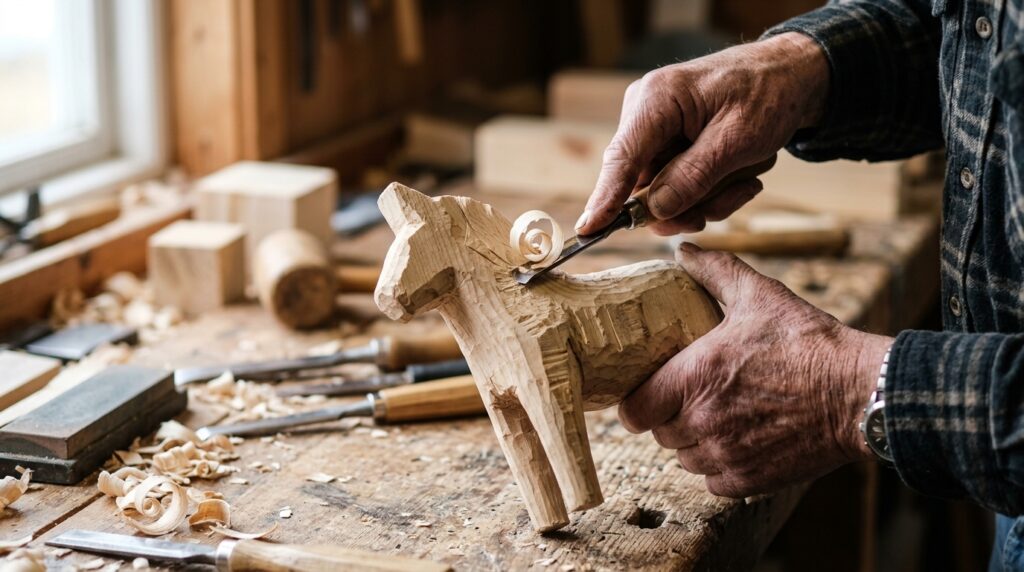 Craftsperson carving a traditional Swedish Dala horse in artisan workshop