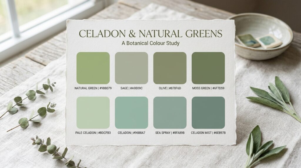 Colour swatch card showing celadon and natural green tones with fresh foliage styling on linen background