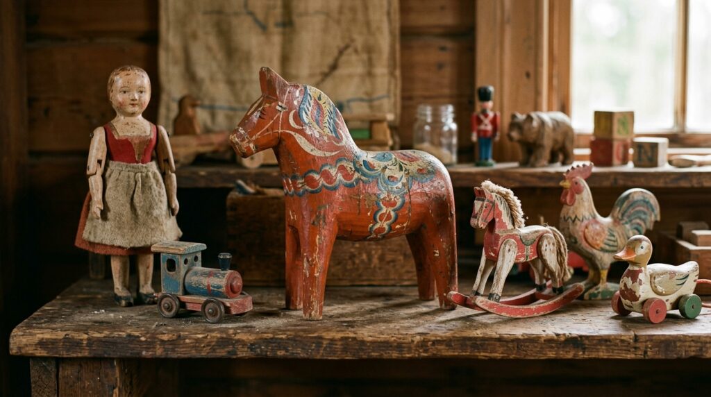 Antique red Dala horse surrounded by vintage wooden toys on rustic Swedish workbench