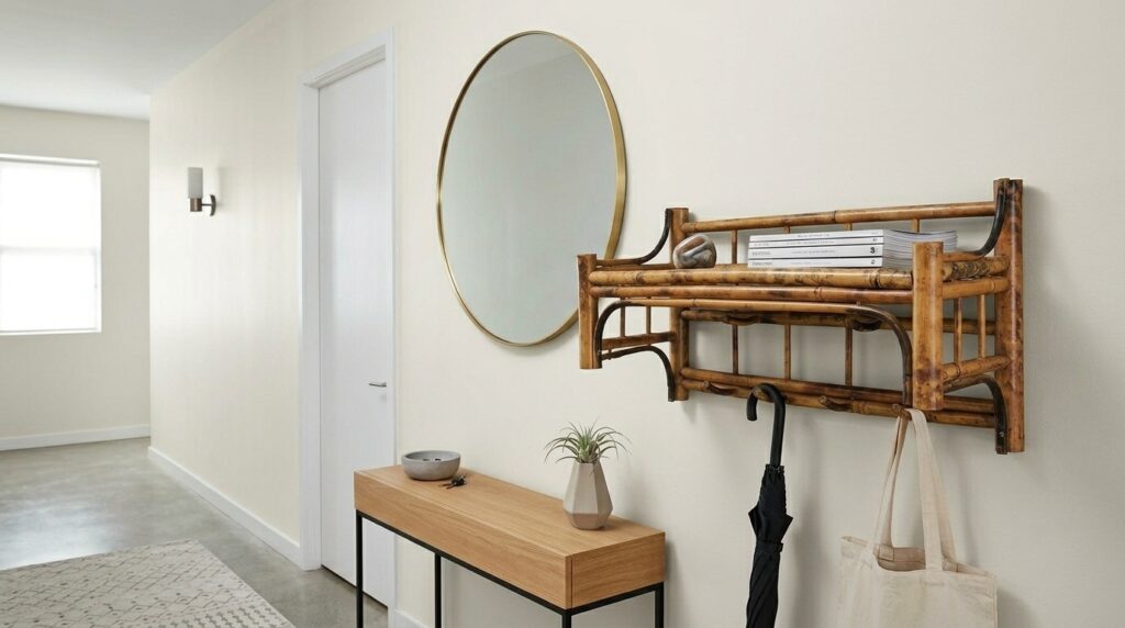Bamboo coat rack with multiple hooks displayed in minimal entryway with natural wood bench and woven basket