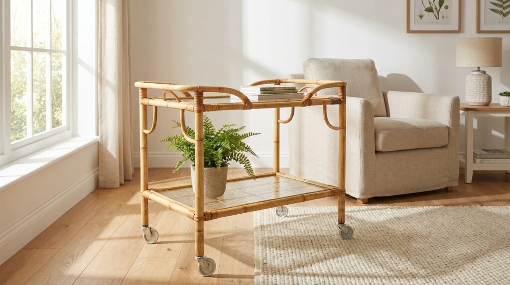 Natural bamboo trolley with glass shelves placed beside cream armchair in sunlit living space with potted plant