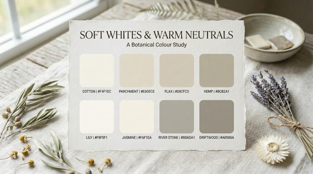 Colour palette card displaying soft whites and warm neutral tones alongside dried foliage and natural materials