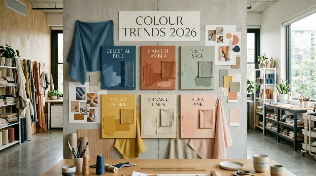 Design studio wall displaying 2026 colour trends with fabric swatches, paint samples, and mood boards organized by palette