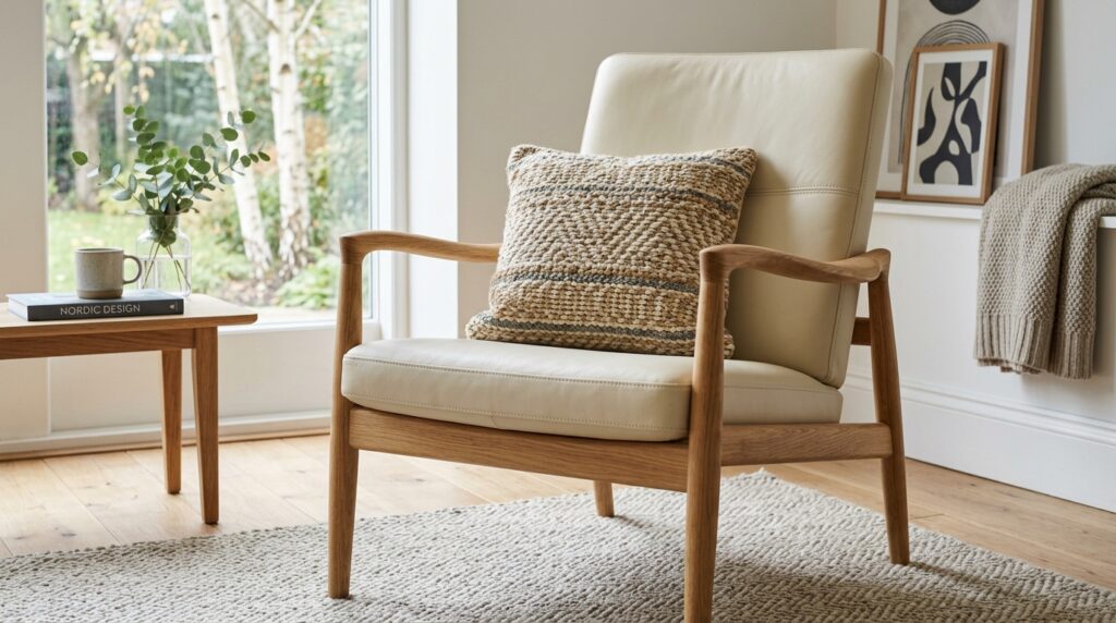 Scandinavian-style wooden armchair with cream upholstery and natural wood frame positioned near bright window