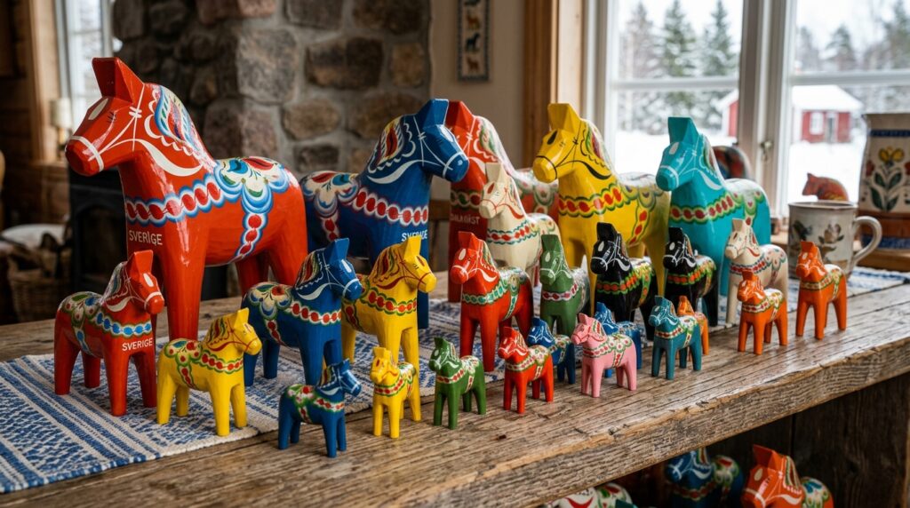 Swedish Dala horses in different colours and sizes displayed on rustic wooden table