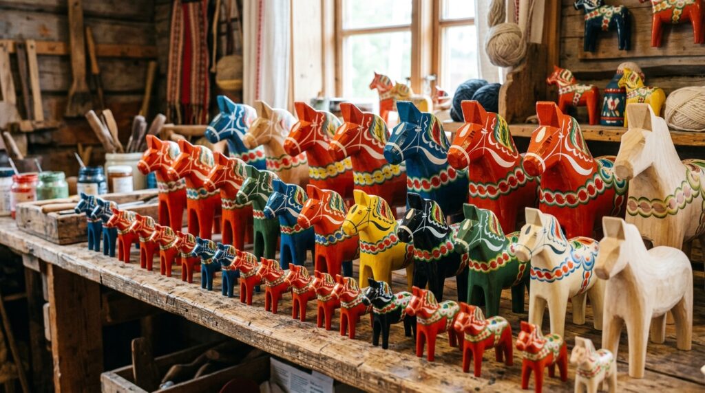 Swedish Dala horses in different colours and sizes displayed on rustic wooden table