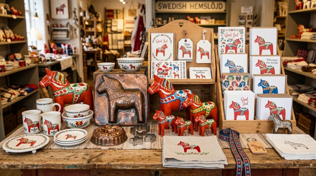 Shop display of Swedish Dala horse souvenirs including ceramics, textiles, and ornaments