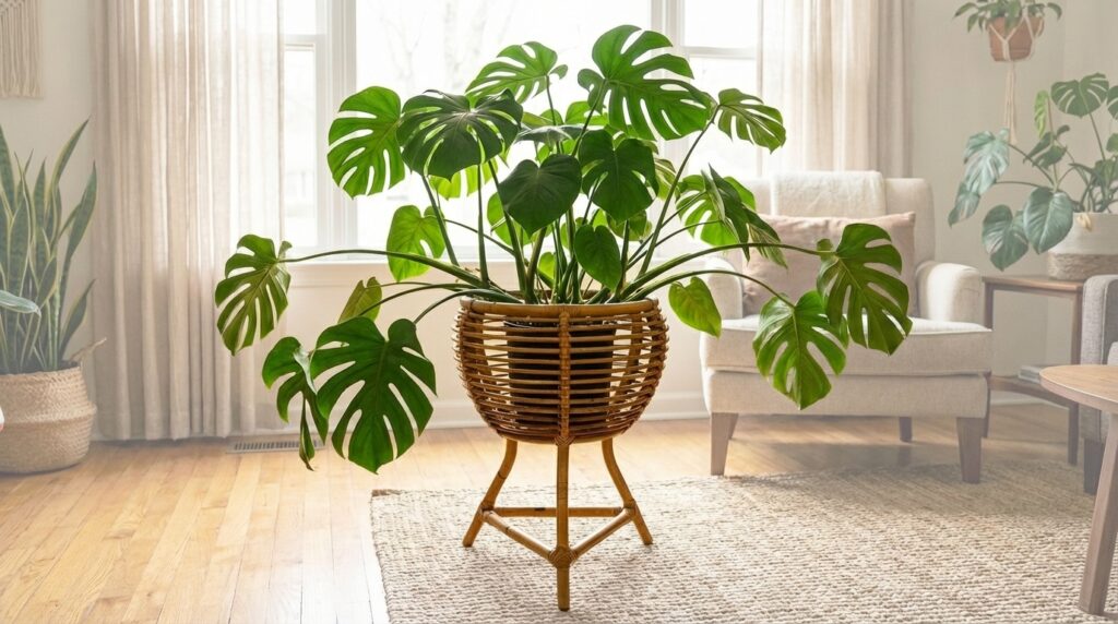 Tall woven rattan plant stand displaying lush green foliage in bright window corner with cream furnishings nearby