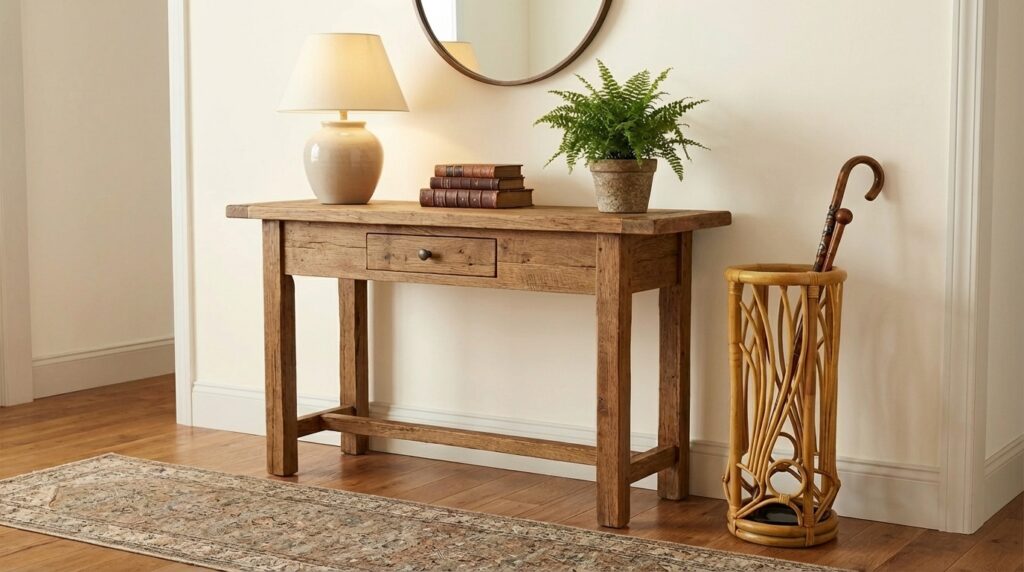 Natural wood desk with woven rattan shelf unit featuring storage baskets, against white wall with round mirror