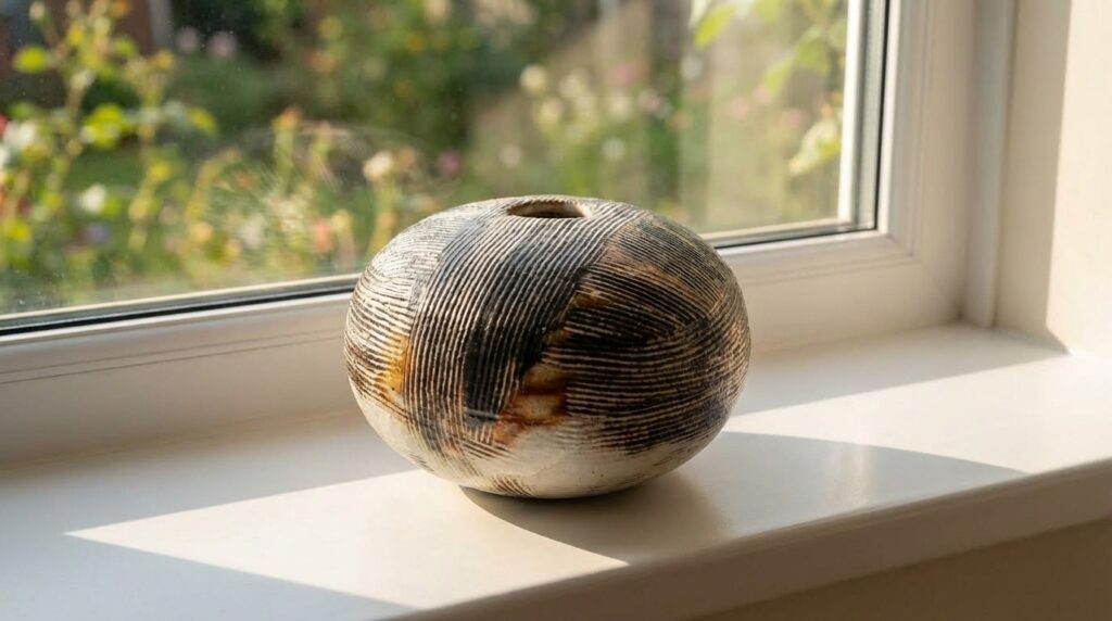 Handcrafted ceramic vessel with warm earth-tone glaze positioned on bright windowsill creating subtle shadow play