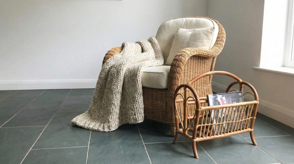 Vintage wicker armchair and rattan magazine rack styled in a Scandinavian interior with neutral textiles and natural light.