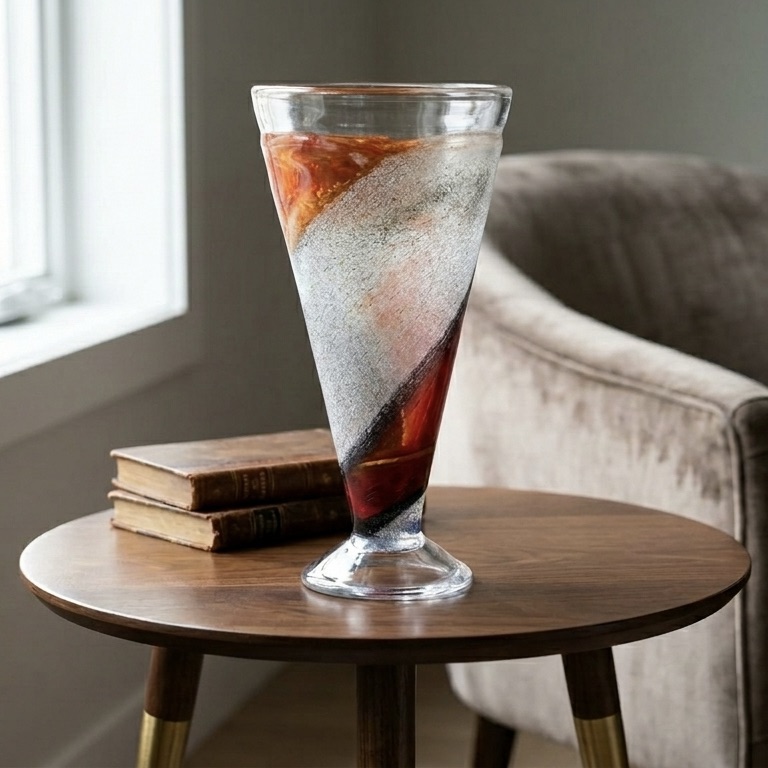 Scandinavian art glass vase on round wooden side table next to upholstered furniture in natural daylight setting