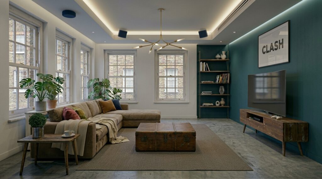 Modern living room featuring deep teal and blue walls with neutral furnishings and abundant natural light from windows
