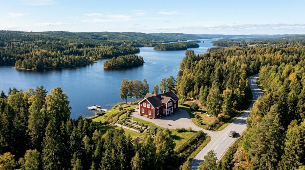 Aerial view of a traditional red Swedish house beside a lake surrounded by forest and winding countryside road