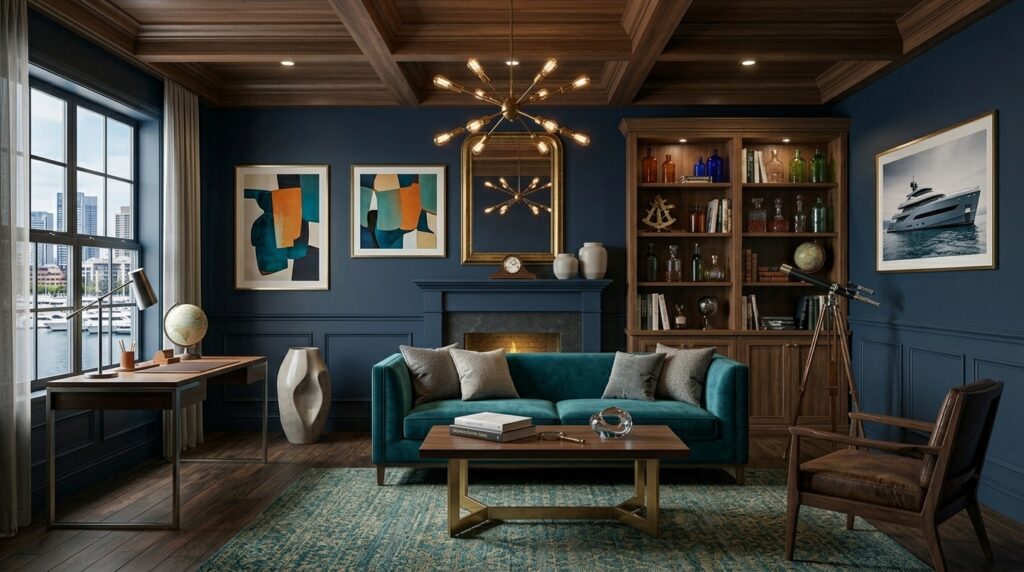 Elegant room with midnight blue walls, vintage furnishings, brass accessories, and gallery-style framed artwork