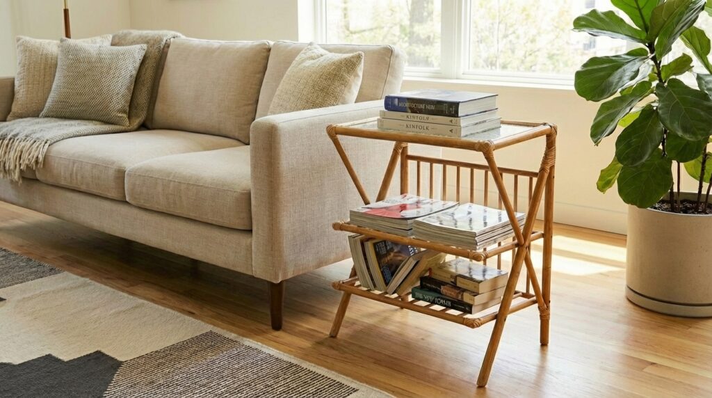 Wooden side table with bamboo frame positioned next to beige sofa in minimalist living room with natural textiles