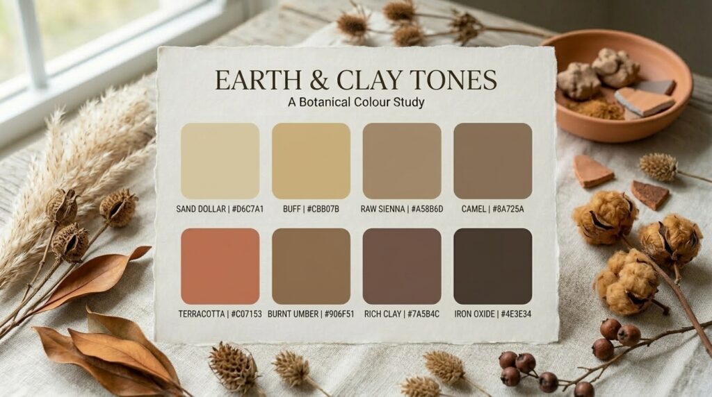Earth and clay tone palette with warm terracotta, rust, and brown swatches arranged with dried grasses and natural materials