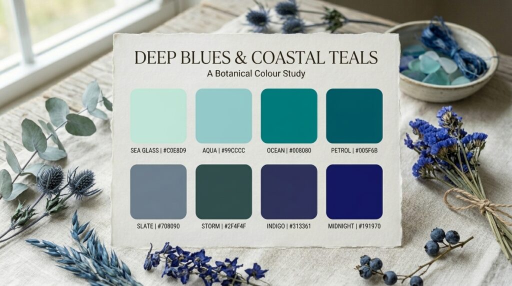 Deep blues and teal colour palette displayed with dried blue flowers and botanical accents on white fabric