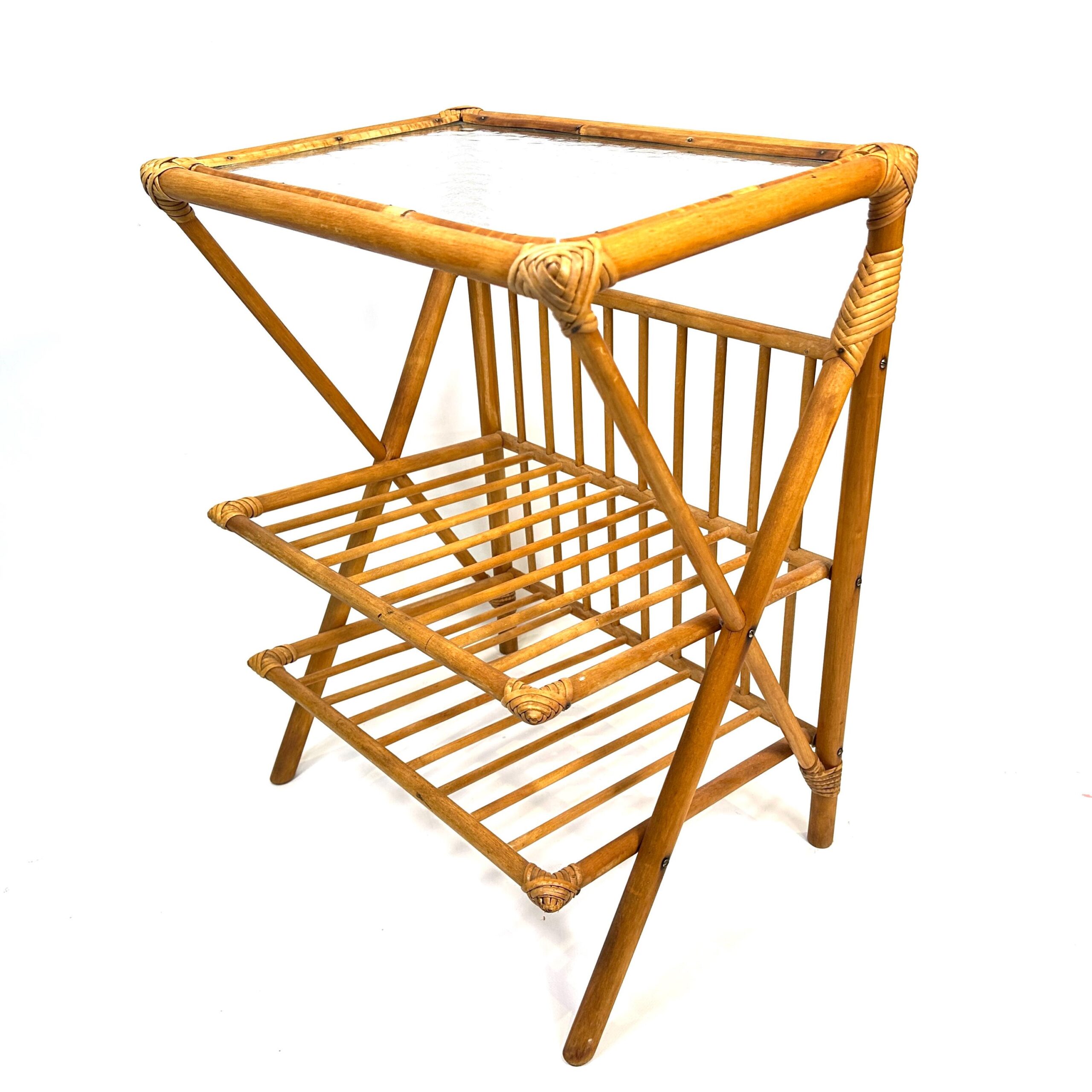 Furniture & Larger PiecesBamboo Side Table Glass Top Mid-Century Scandinavian Side View