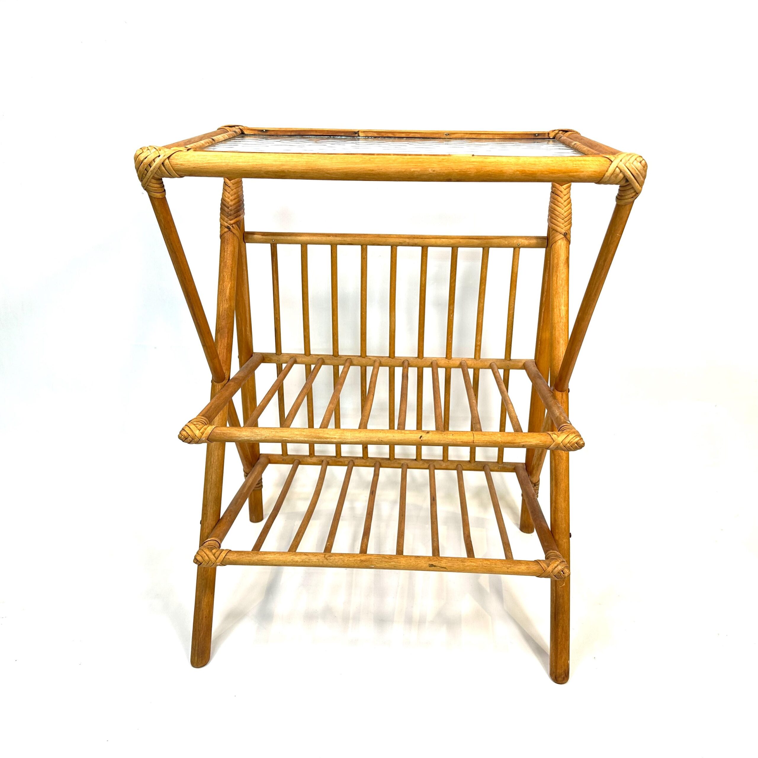 Furniture & Larger PiecesBamboo Side Table Glass Top Mid-Century Scandinavian Front View