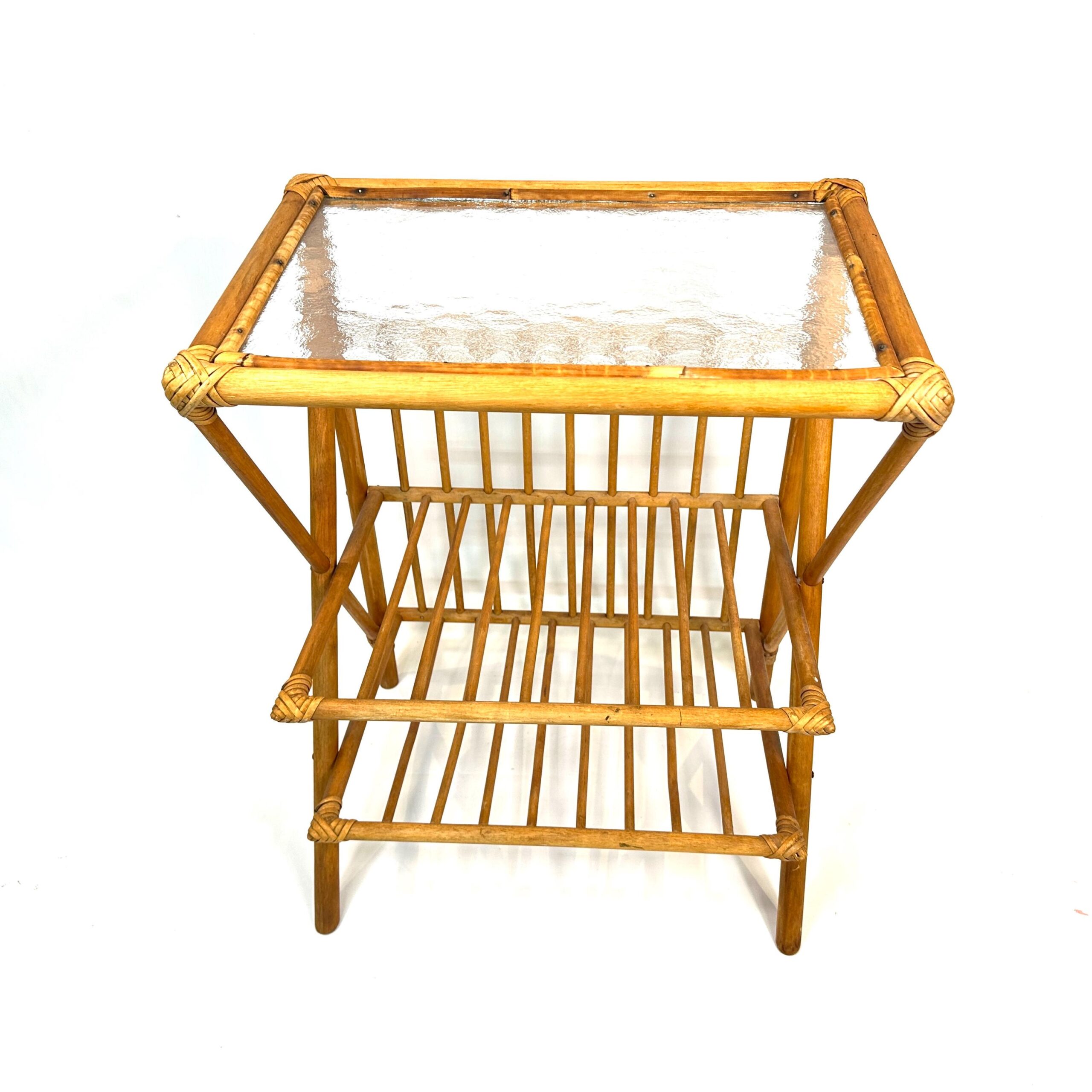 Furniture & Larger PiecesBamboo Side Table Glass Top Mid-Century Scandinavian Front View