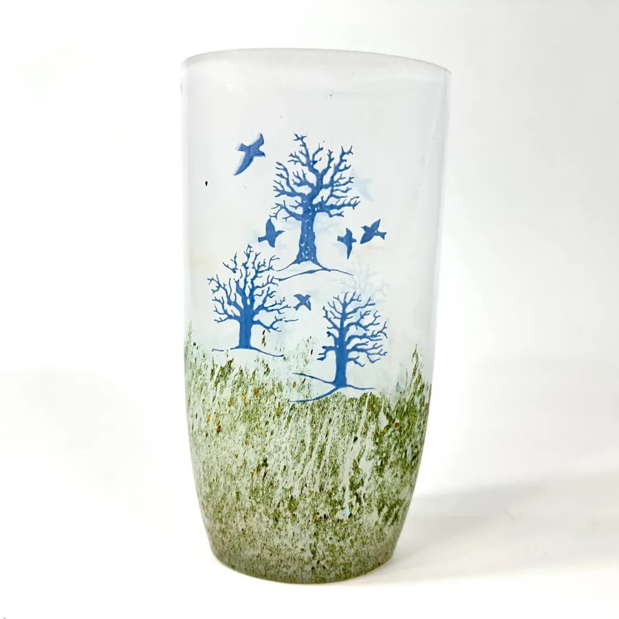 Kosta Boda October vase by Kjell Engman, frosted glass with blue trees and birds, textured green base