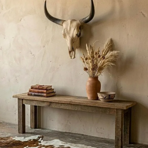 Longhorn skull wall mount with curved black horns above wooden console table, styled with dried botanicals and vintage books
