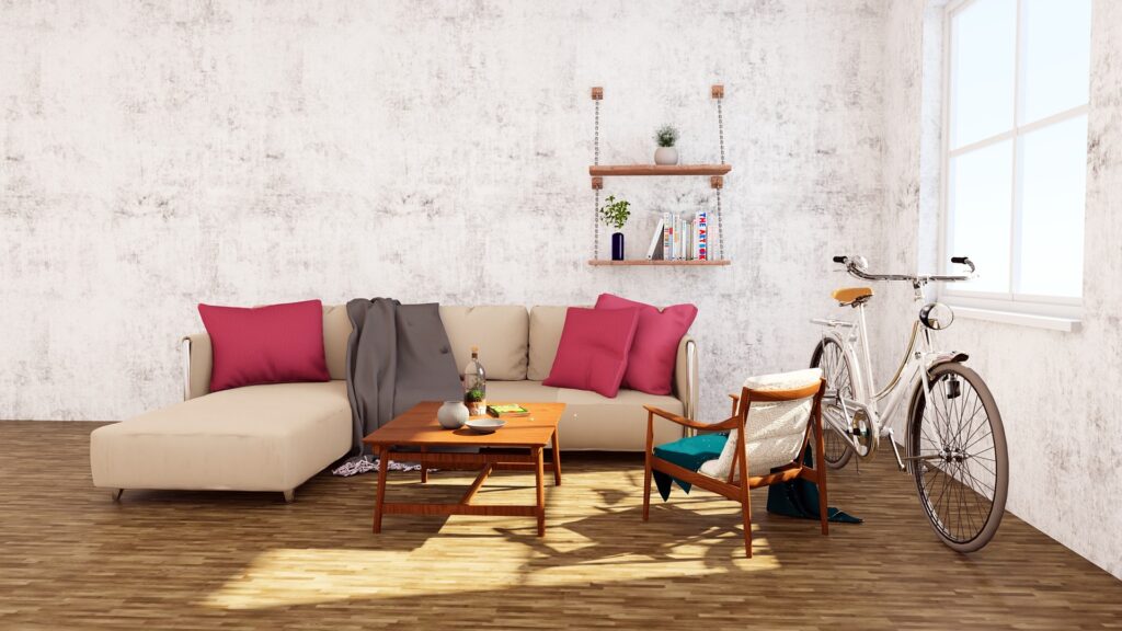 Contemporary living room with minimal furnishings, wooden flooring, vintage bicycle, and soft natural lighting