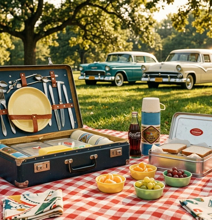 Vintage picnic spread with checked blanket, suitcase, classic cars, and retro glassware in sunlit garden setting