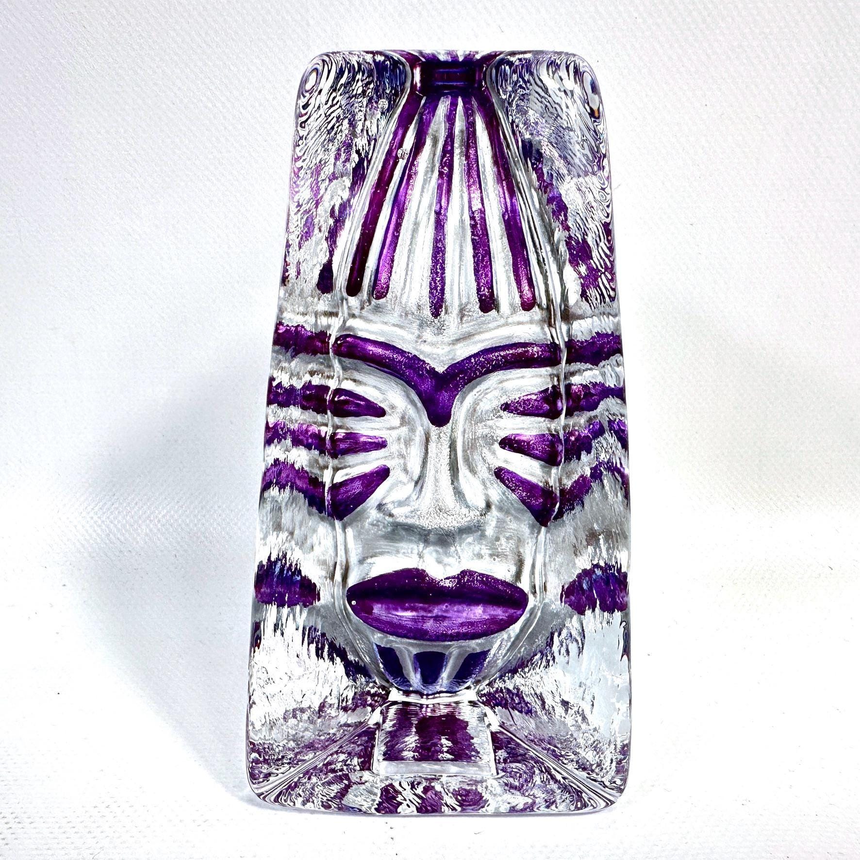 Swedish art glass face sculpture by Renate Stock Paulsson, clear glass with purple hand-painted tribal markings, front view