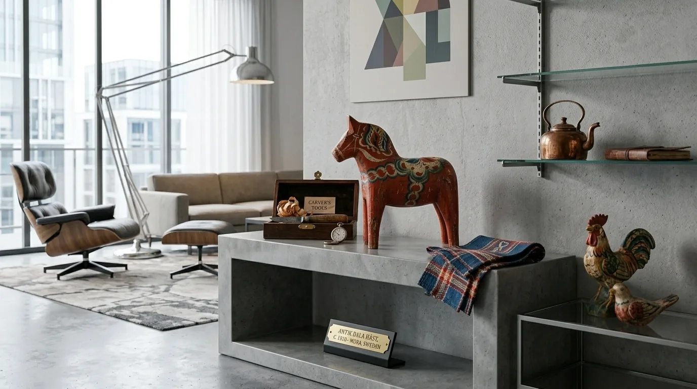 Modern living room displaying a carved wooden Dala horse among vintage furnishings and mid-century decor pieces near bright w