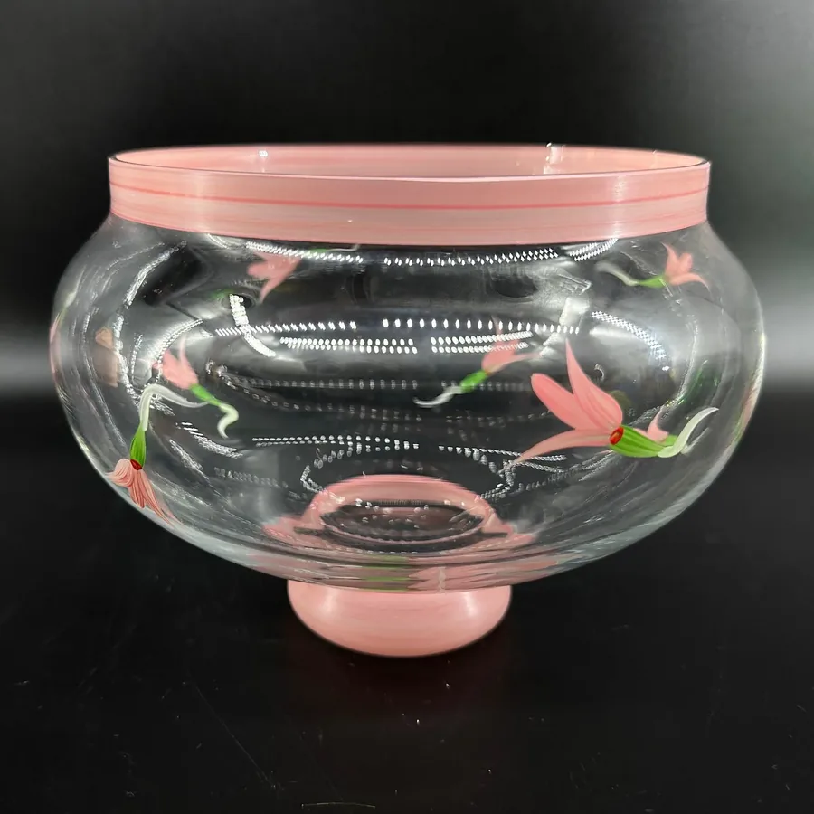 Vintage Kosta Boda glass vase with pink rim, hand-painted pink flowers and black details, signed by Ulrica Hydman-Vallien