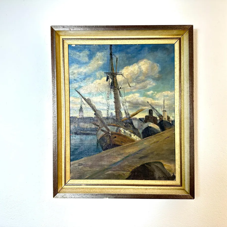 Vintage oil painting of Gothenburg harbor with moored sailing ships, gilt wood frame, blue cloudy Nordic sky
