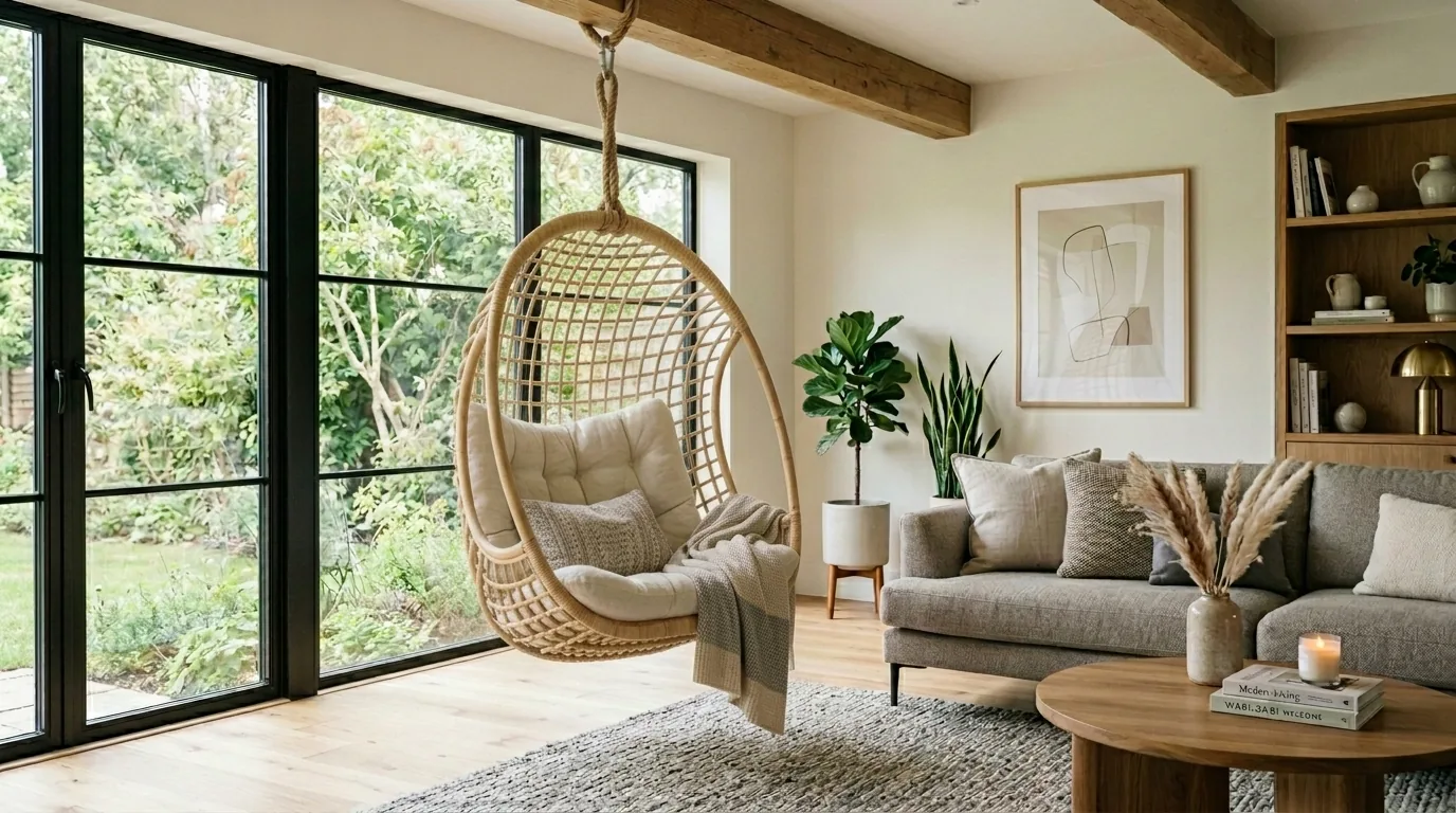 Light wood hanging egg chair suspended in bright living room with large windows, neutral sofa, and potted plants