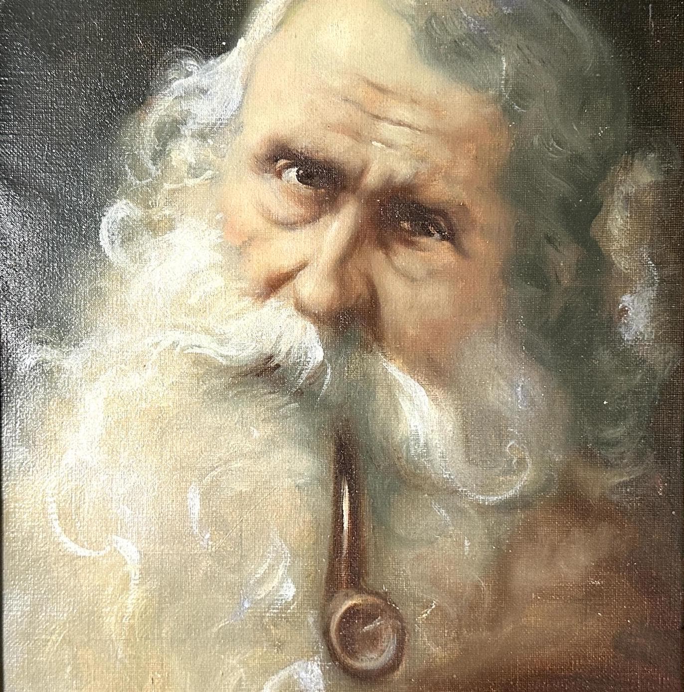 Zoomed portrait detail showing fisherman\'s expressive face, pipe placement near mouth, and nuanced brushwork in facial featur