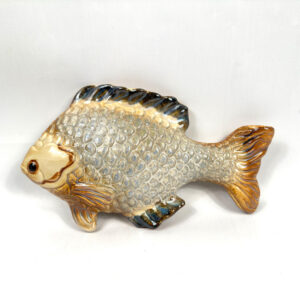 Vintage ceramic fish wall plaque with hand-glazed cream, green, and black glaze, 26cm sculptural pottery piece