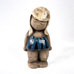 Handcrafted Scandinavian ceramic girl figurine with blonde hair, peaceful closed-eye expression, matte stoneware body, and gl