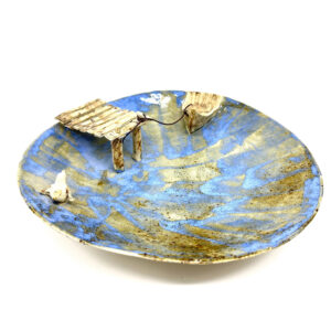 Large blue studio pottery bowl with sculpted harbour scene, gold-glazed bird and rowboat details, signed Swedish ceramic by A