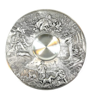 Vintage German SKS Zinn pewter wall plate with embossed hunting scene, 32cm diameter, polished center roundel