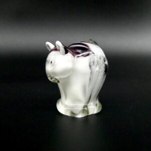 Vintage Murano-style hand-blown glass cat figurine with black and white striped design and whimsical expression, frontal view