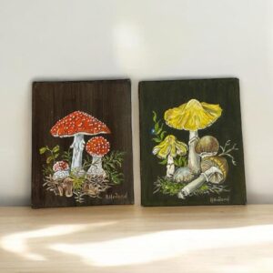 Two 1970s A. Hoiland oil paintings on wood: red spotted mushroom study on dark brown, yellow umbrella mushroom on forest gree
