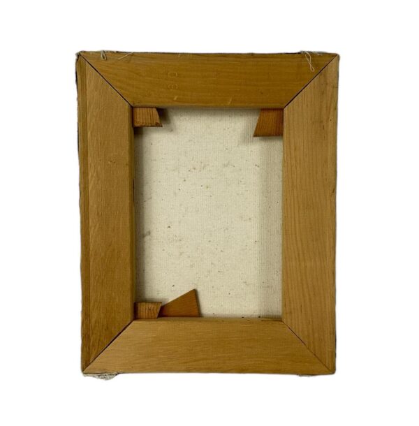 Wooden frame back showing mortise joinery, canvas backing, and warm honey-toned wood construction with corner brackets