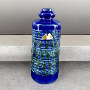 Vintage East German VEB Strehla fat lava ceramic vase with cobalt blue glaze and green textured pattern, original Sesam Keram