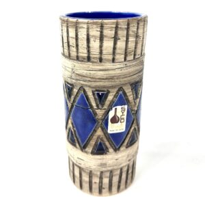 Scandinavian Syco vase by Siv Jacob, 1960s ceramic with cobalt blue diamond pattern and natural textured exterior