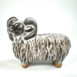 Vintage 1970s Szilasi ceramic sheep figurine in light grey raku with textured wool pattern and wooden feet