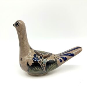 Vintage Tonalá ceramic bird sculpture, hand-painted with navy, green, and black floral motifs, natural clay finish, three-qua