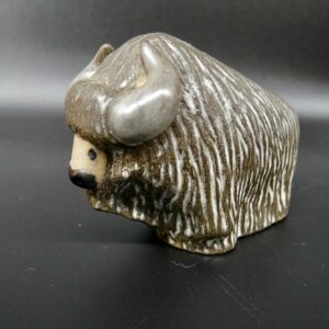 Goran Andersson ceramic bison by Jie Gantofta, brown earthenware with textured mane and cream face detail, three-quarter view