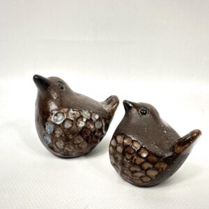 Pair of brown stoneware bird figurines by Bengt Wall, featuring cream-colored textured feather detail and expressive faces, s