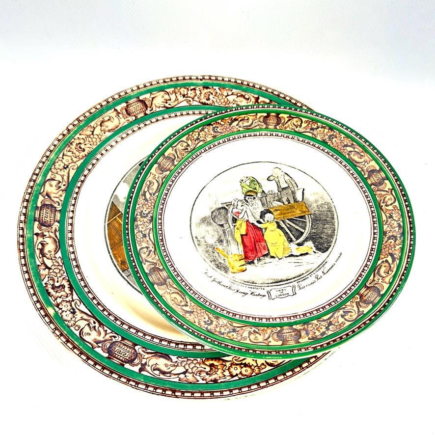 Adams Cries of London vintage plate set showing green ornate border with hand-colored street scene illustration