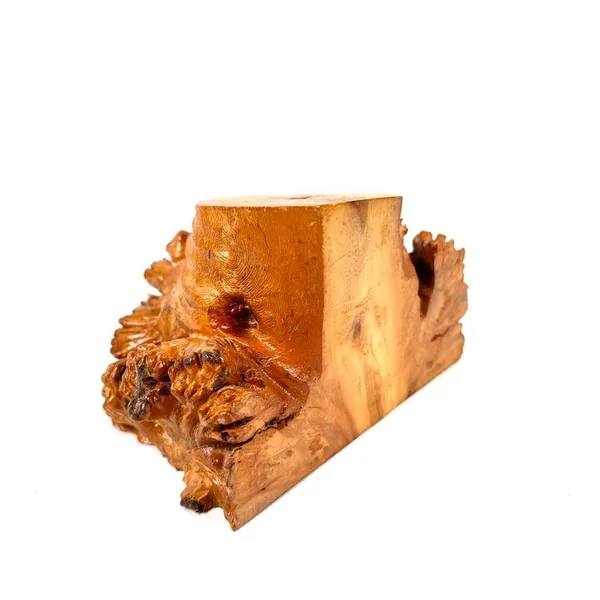 Angular side view of burl wood bookend showing full height, irregular shaped base, carved detail, and natural lacquered finis